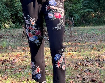 Upcycled Black Pants, Boho Floral Patchwork Pants with Raw Edge Details