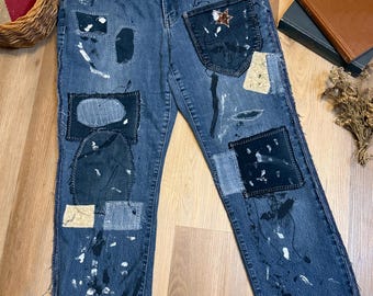Upcycled Paint-Splattered Patchwork Jeans | Distressed Denim with Raw Seams | One of a Kind