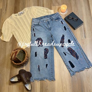 Upcycled Distressed Wide-Leg Jeans, Patchwork Gaucho Style with Raw Edges