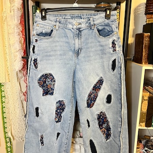 Upcycled Reworked Patchwork Indie Distressed Vintage Inspired Relaxed Gaucho Jeans