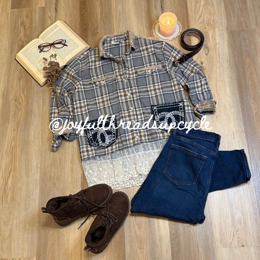 Upcycled Plaid Flannel Shirt with Denim Pockets, Lace Hem & Distressed Details - Rustic Cottagecore Tunic