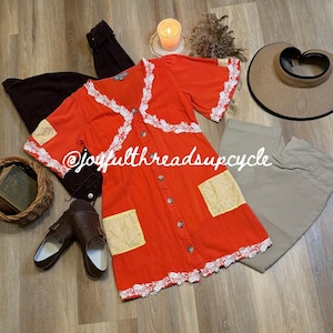 Upcycled Button-Front Tunic, Vintage Cottagecore Top with Lace & Floral Pockets