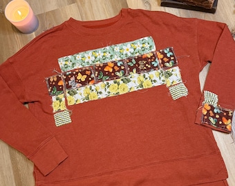Upcycled Handmade Patchwork Cottagecore Pullover Sweatshirt Rustic Quilt Patch