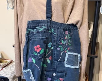 Sac fourre-tout en denim recyclé peint à la main - Art floral, jeans recyclés