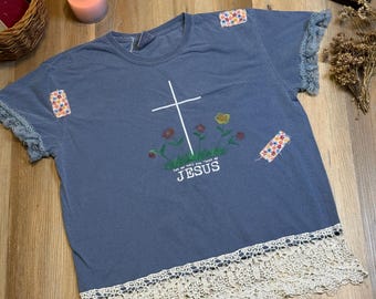 Upcycled Christian Lace Top | Handmade Faith Graphic Tee | Floral Cross Shirt | Cottagecore Christian Clothing