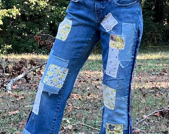 Upcycled Reworked Patchwork Hippie Boho Distressed Cropped Cuffed Shabby Chic Festival Jeans
