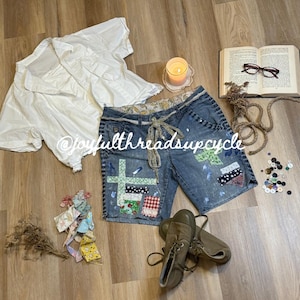 Hand-Patched Distressed Denim Shorts - Sustainable Bohemian Style - Reworked - Patchwork - Upcycled Denim