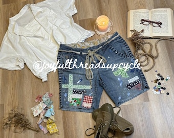 Hand-Patched Distressed Denim Shorts - Sustainable Bohemian Style - Reworked - Patchwork - Upcycled Denim