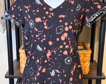 Bleached Citrus Appliqué Tee | Upcycled Black Lemon Shirt | Handmade Acid Wash T-Shirt