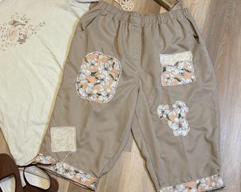Upcycled Floral Patchwork Bloomers Cottagecore Pants with Raw Edges and Pockets