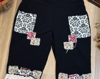 Upcycled Cottagecore Black Bermuda Shorts with Pockets, Eyelet Trim and Patches