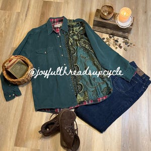 Upcycled Men's Green Work Shirt | Vintage Pashmina Patchwork | One of a Kind Boho Top
