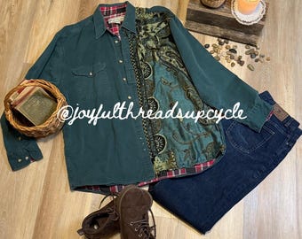 de travail verte recyclée pour homme | Patchwork Pashmina vintage | Haut bohème unique en son genre