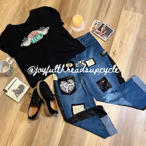 Upcycled Patchwork Jeans with Black Denim Patches, Floral Accents & Heart Pockets One of a Kind