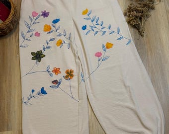 Hand Painted Harem Pants | Upcycled Cottagecore | Soft Boho Balloon Pants | Floral Art