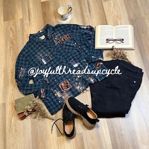 Upcycled Flannel Shirt – Bleached & Patched Plaid Button-Up, Rustic Cottagecore Grunge