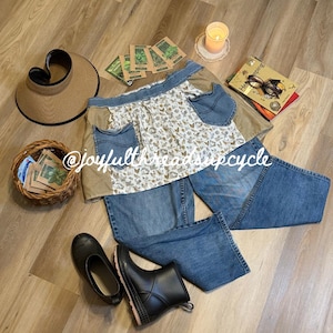 Upcycled Chicken Print Apron, Waist Apron with Denim Pockets for Kitchen or Garden