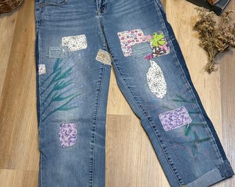 Upcycled Hand-Painted Patchwork Jeans | Denim Side Panels, Cropped Fit, Distressed Finish | One of a Kind