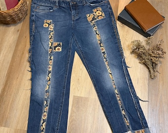 Upcycled Sunflower Patch Jeans | Raw Seams & Floral Trim | Cottagecore Denim