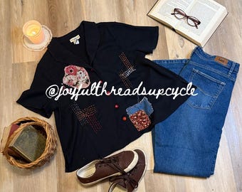 Chemise noire vintage recyclée avec surpiqûres Sashiko, patchwork et boutons coccinelles