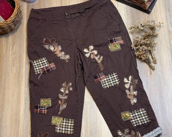 Upcycled Cottagecore Cropped Pants with Floral Raw Appliqué Patches and Lace