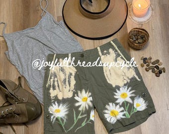 Hand-Painted Daisy Shorts, Upcycled Linen Shorts with Bleach Art Floral Design