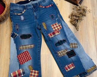 Upcycled Patchwork Jeans | Wide Leg Denim, Visible Mending Art, Cropped Raw Hem