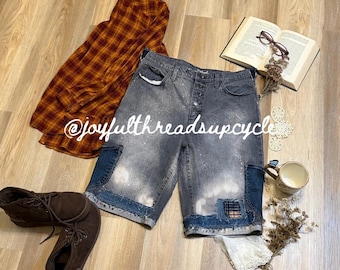 Short patchwork en denim recyclé : taille haute et jambe large, taille 12