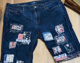 Upcycled Floral Patched Denim Shorts, Cottagecore Distressed, Reworked Visible Mending