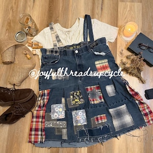 Upcycled Patchwork Oversized Denim Jumper Dress – Reworked Rustic Indie Overalls with Distressed Details