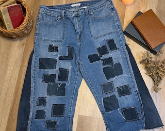 Jean patchwork en denim recyclé | Denim retravaillé à jambe large avec coutures brutes