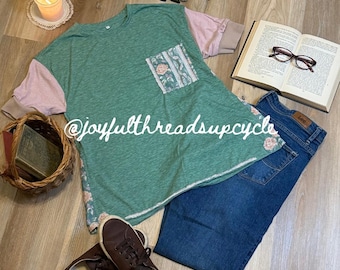 Upcycled Scrappy Floral Raw Appliqué Patchwork Tee – Eco-Friendly Shabby Chic Cottagecore Style