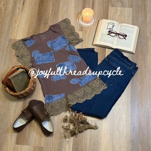 Upcycled Brown Patchwork Shirt | Denim Patches & Crochet Lace Top