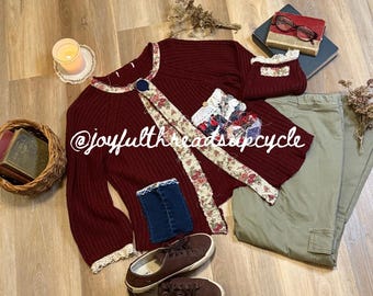 Upcycled Boho Cardigan Sweater - Vintage and Textile Art Patches on Burgundy Knit