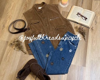 Jean à fleurs recyclé et peint à la main : style rétro des années 70, taille 26