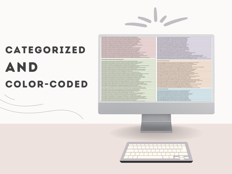 May include: A computer screen displaying a color-coded spreadsheet with the text "Categorized and Color-Coded" above it. The spreadsheet is divided into four sections, each with a different color.