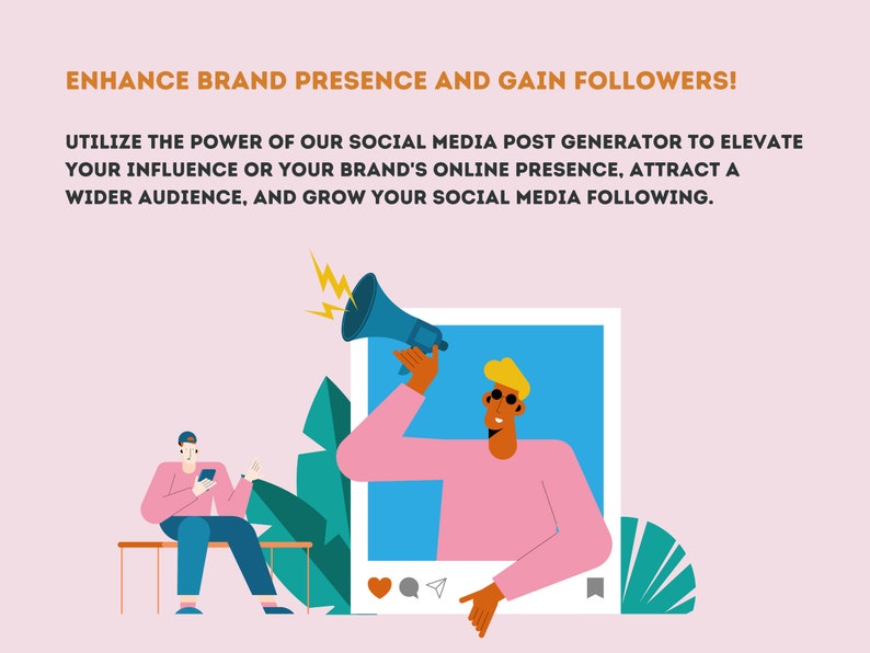 May include: Illustration of a person holding a megaphone, shouting at another person who is looking at their phone. The image is inside a social media post frame with a heart, comment bubble, and paper airplane icon. The background is pink with green leaves.