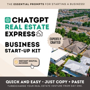 Puede incluir: Un producto digital para empresas inmobiliarias. La imagen muestra un gráfico de una casa con el texto "CHATGPT REAL ESTATE EXPRESS BUSINESS START-UP KIT" y las palabras "EXPERTLY CRAFTED" en un círculo verde. El fondo muestra una vista aérea de un barrio suburbano.