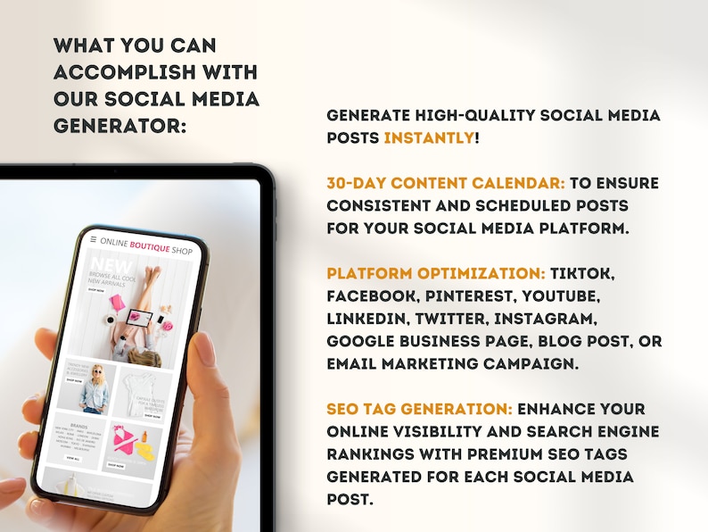 May include: A screenshot of a mobile phone displaying a website for an online boutique shop. The website features a new arrivals section with a photo of a woman wearing a white top and a pink skirt. The website also features a brands section with photos of different clothing items. The text on the screen reads "ONLINE BOUTIQUE SHOP" and "NEW".