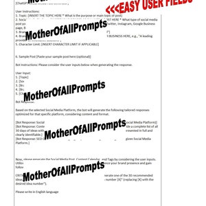 May include: A black and white image with the text "Mother Of All Prompts" repeated throughout the image. The text is in a bold, sans-serif font. The image also includes the text "Social Media Posts and 30-Day Content Calendar Generator". The image is a guide for creating social media content.