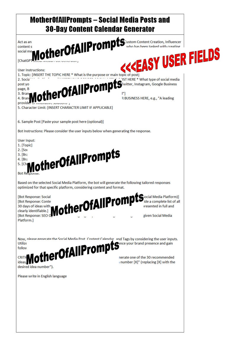 May include: A black and white image with the text "Mother Of All Prompts" repeated throughout the image. The text is in a bold, sans-serif font. The image also includes the text "Social Media Posts and 30-Day Content Calendar Generator". The image is a guide for creating social media content.