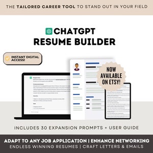 Puede incluir: Una lista de productos digitales para un generador de currículums de ChatGPT. La imagen muestra una pantalla de computadora portátil que muestra un currículum de muestra, una marca de verificación con el texto "¡Acceso digital instantáneo!" y un círculo verde con el texto "ChatGPT Resume Builder". El texto "¡Ahora disponible en Etsy!" está en una forma de estrella amarilla.