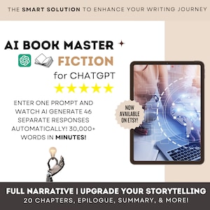 Könnte beinhalten: Ein digitales Produktcover für einen KI-Buchmeister für die Fiktionsschreibung mit ChatGPT. Das Cover zeigt einen Laptop mit einer Gehirngraphik auf dem Bildschirm und eine Person, die den Laptop benutzt. Der Text auf dem Cover lautet "AI Book Master + Fiction for ChatGPT".