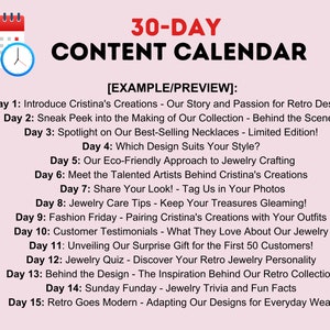 May include: A pink calendar with a clock icon and the text "30-DAY CONTENT CALENDAR [EXAMPLE/PREVIEW]:" followed by a list of 15 daily content ideas for a social media calendar.