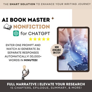 Puede incluir: Una ilustración digital de un cerebro con un portátil y una mano sosteniendo una taza de café. El texto "AI Book Master Nonfiction for ChatGPT" se muestra en un círculo verde con un icono de libro. El texto "¡Introduce una indicación y observa cómo la IA genera 36 respuestas separadas automáticamente! ¡Más de 30 000 palabras en minutos!" se muestra debajo del círculo. El texto "¡Ahora disponible en Etsy!" se muestra en un círculo rojo. El texto "Narrativa completa | Eleva tu investigación 15 capítulos, epílogo, resumen y más!" se muestra en la parte inferior de la imagen.