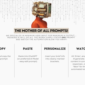 May include: A digital illustration of a robot with a computer screen for a head. The robot is wearing a red shirt. The text "THE MOTHER OF ALL PROMPTS!" is at the top of the image. Below the text, there is a description of how to use AI prompts. The description is divided into four sections: Copy, Paste, Personalize, and Watch.