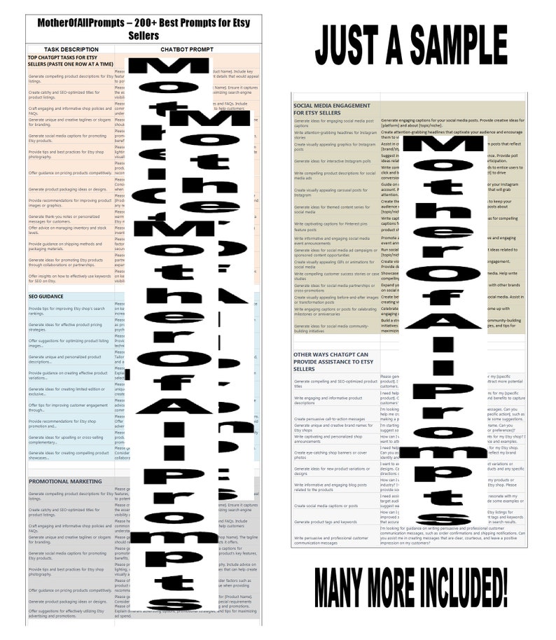 May include: A black and white image with the text "Mother of All Prompts" and "Just a Sample" in bold white letters. The image is a guide for Etsy sellers on how to use ChatGPT to create prompts for various tasks, including SEO, social media engagement, and product descriptions.