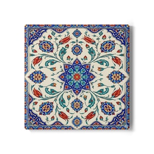 Traditional Iznik Tile Pattern Wall Art | Floral Ottoman Star Motif Print | Turkish Ceramic Style Coaster Design | Unique Housewarming Gift