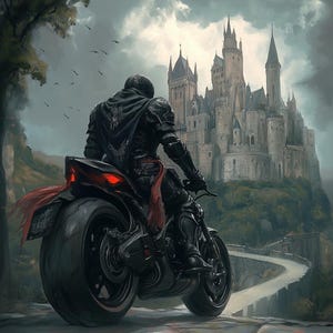 Motorrad Poster - Gothic Fantasy Motorrad Kunstdruck | Mittelalterliche Burg Burg Dekor | Spielzimmer Poster | Biker Poster