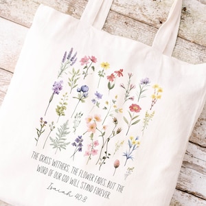 Flower Bible Tote Bag, Canvas Tote Bag, Christian Tote Bag, Bible Study Bag, Church Bag, Sunday Tote Bag, Sunday Bag, Flower Christian Bag